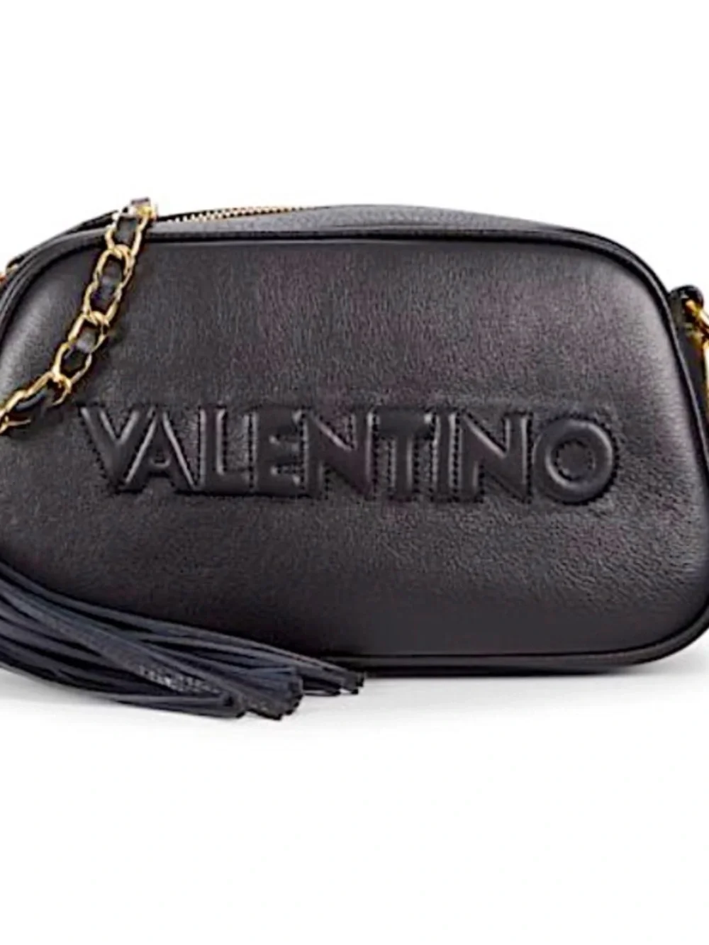 Valentino Black Leather Logo Crossbody with Gold Chain